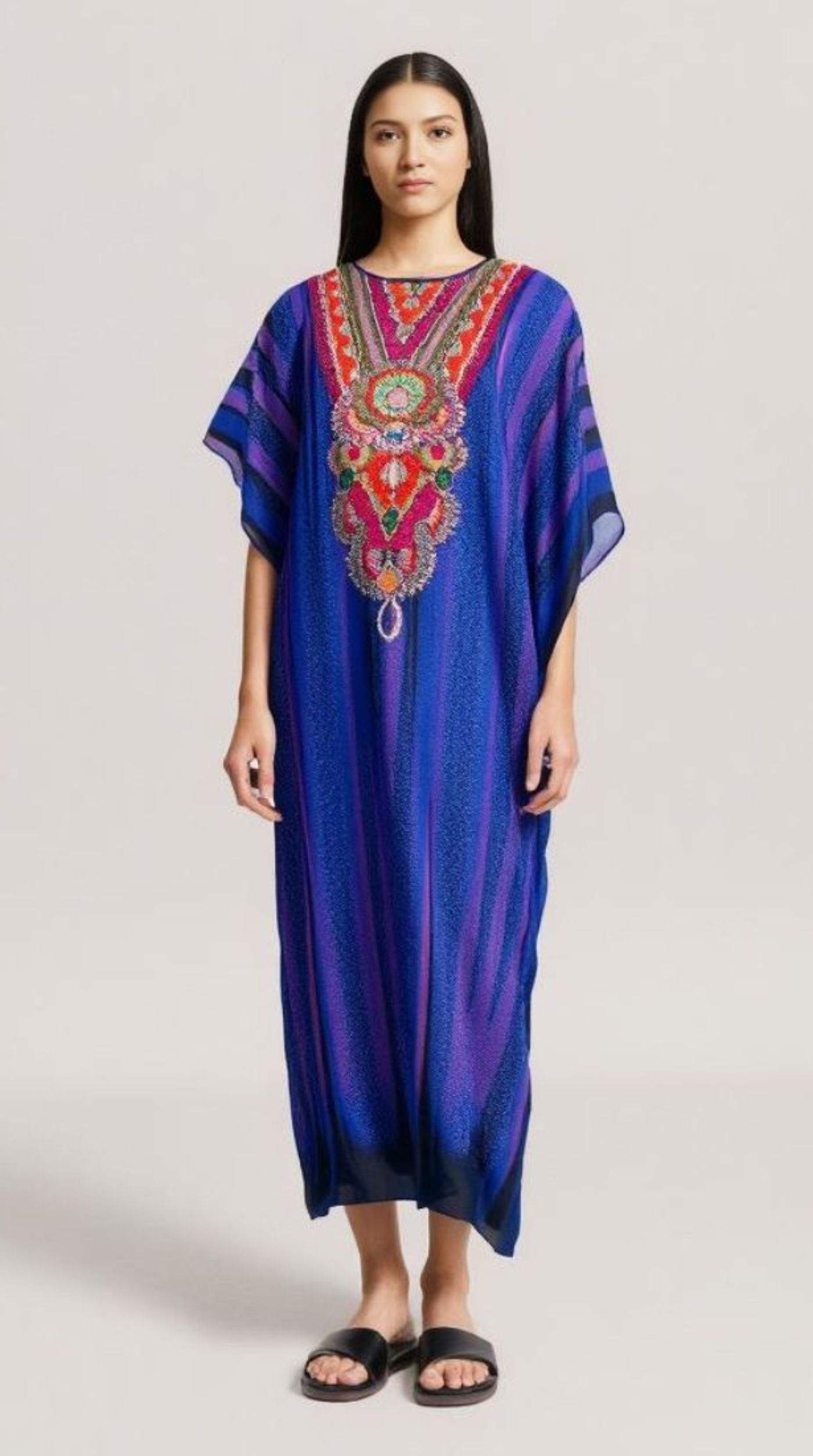 Blue Digital Print Kaftan With Silver Embroidery