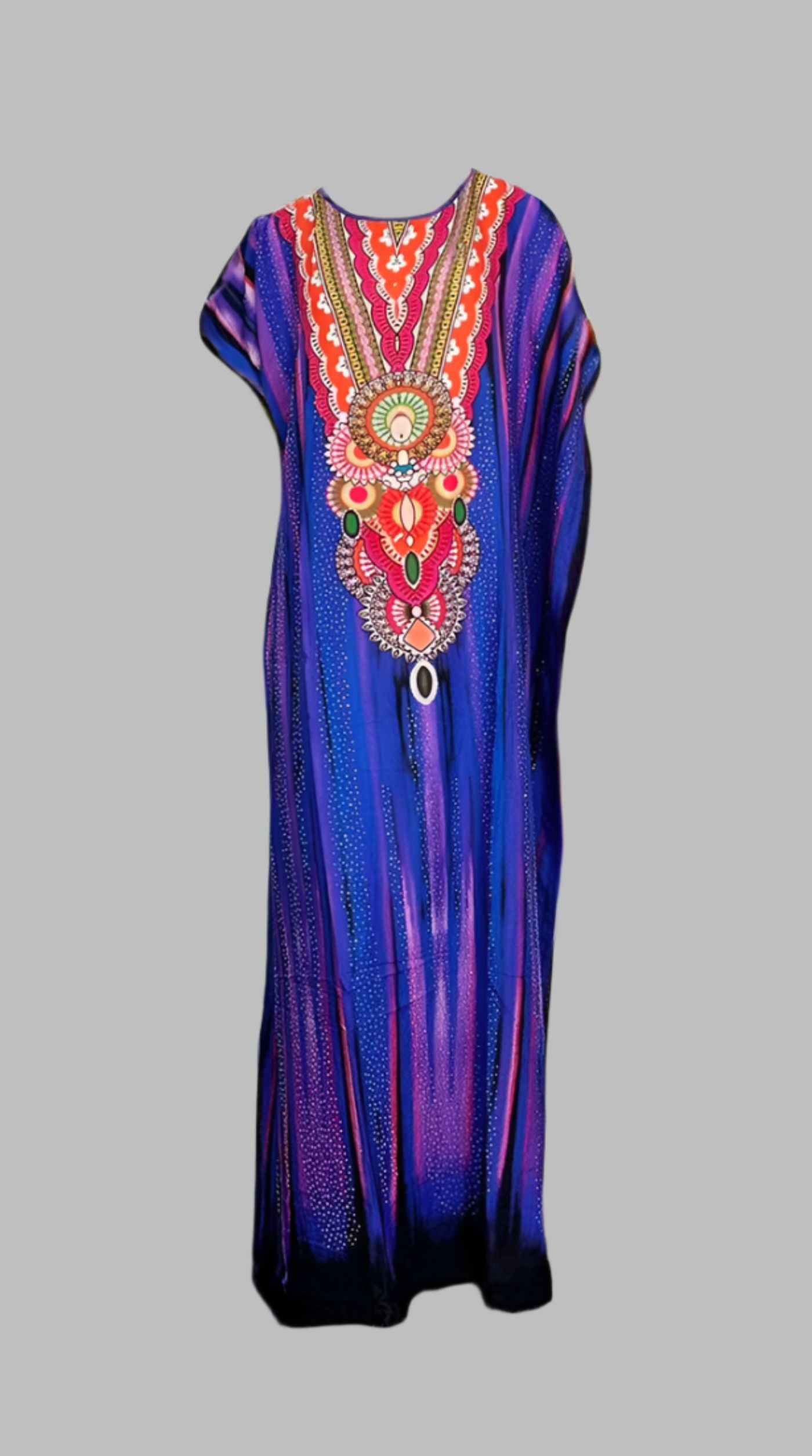 Blue Digital Print Kaftan With Silver Embroidery
