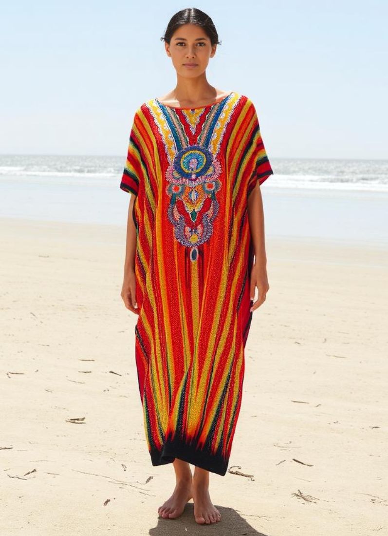Orange Digital Printed Kaftan With Silver Stone Embroidery