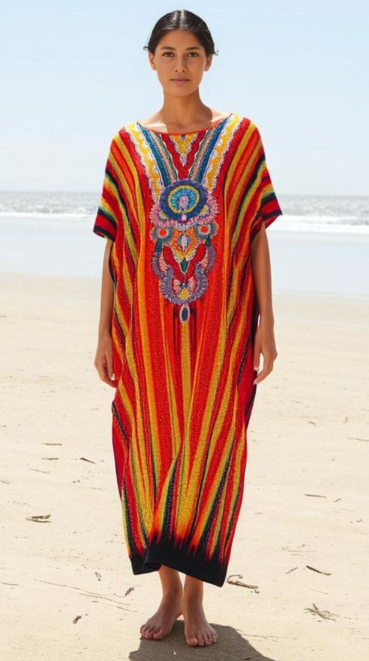 Orange Digital Printed Kaftan With Silver Stone Embroidery