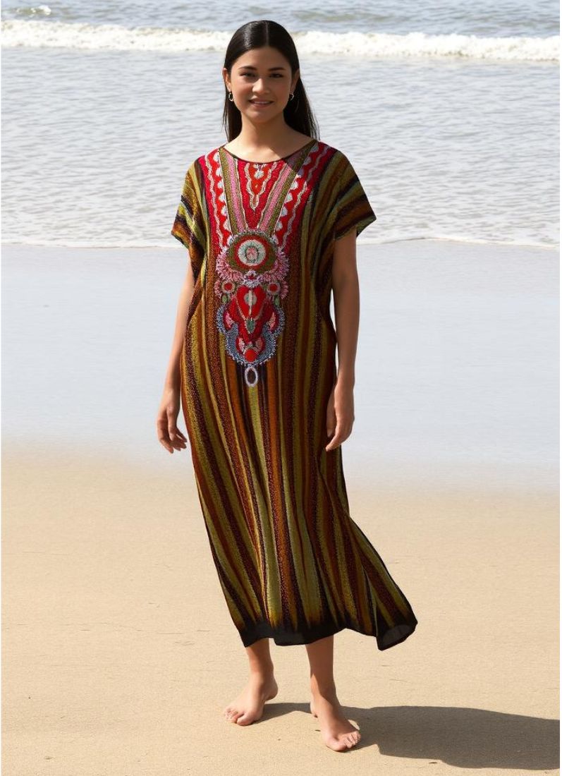 Brown Digital Printed Kaftan With Silver Stone Embroidery