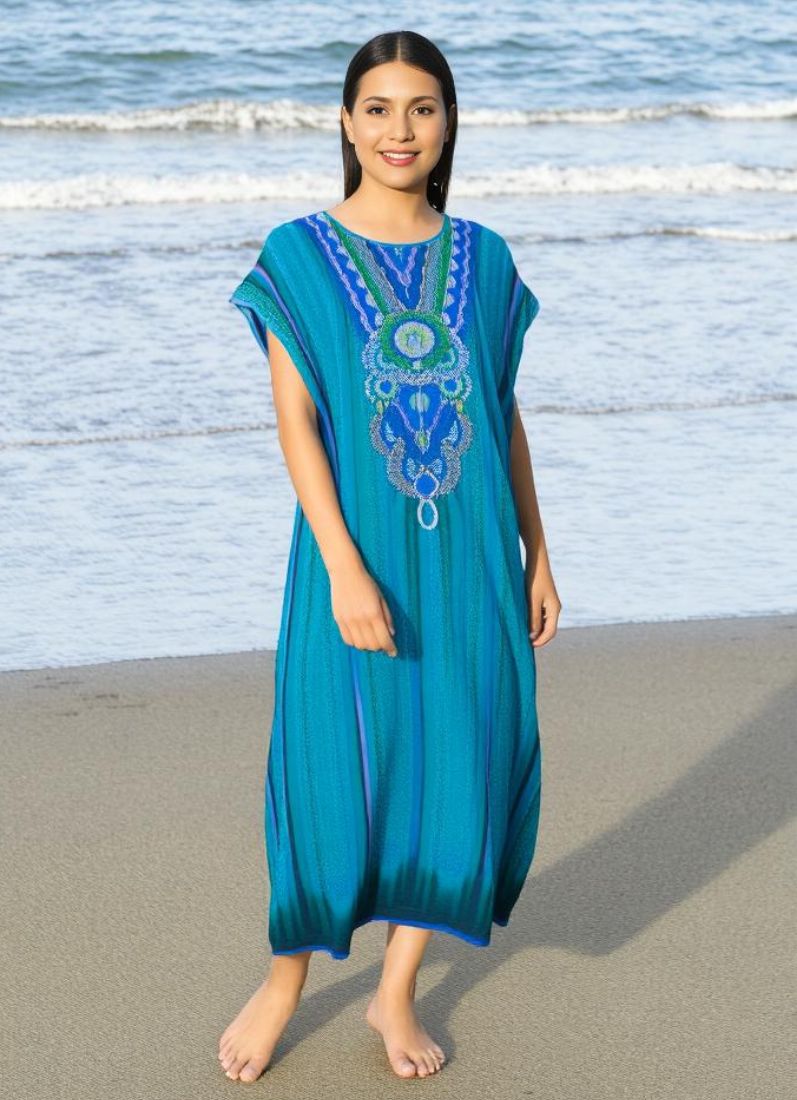 Green Digital Printed Kaftan With Silver Stone Embroidery