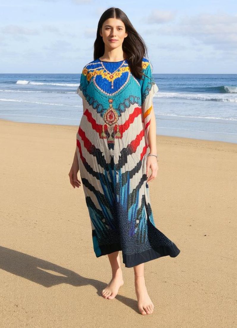 Turk Digital Print Kaftan With Silver Stone Embroidery