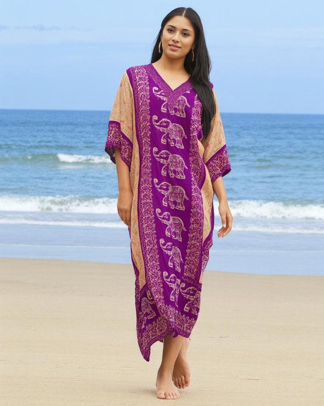 Purple Printed Viscose Kaftan One Size