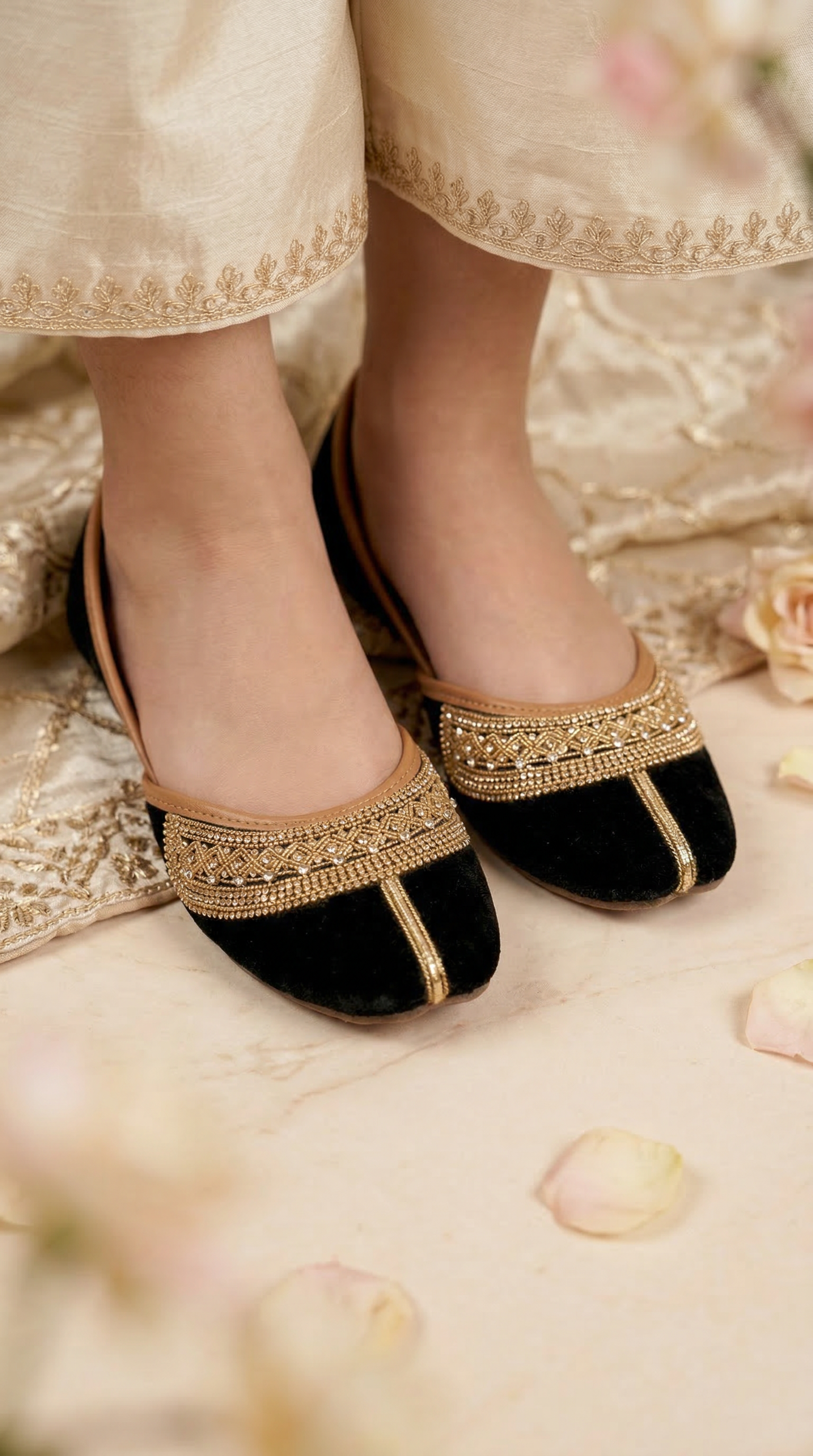 Girls Black Velvet Kussa with Gold Diamonte