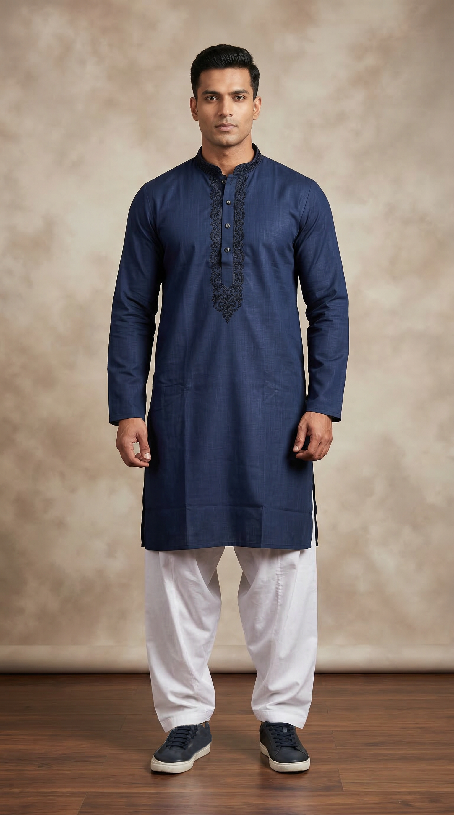 Navy Blue Embroidered Kameez with White Shalwar