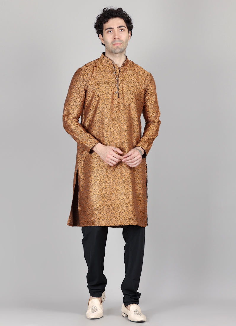 Men's Gold and Black Brocade Kurta Payjama Set