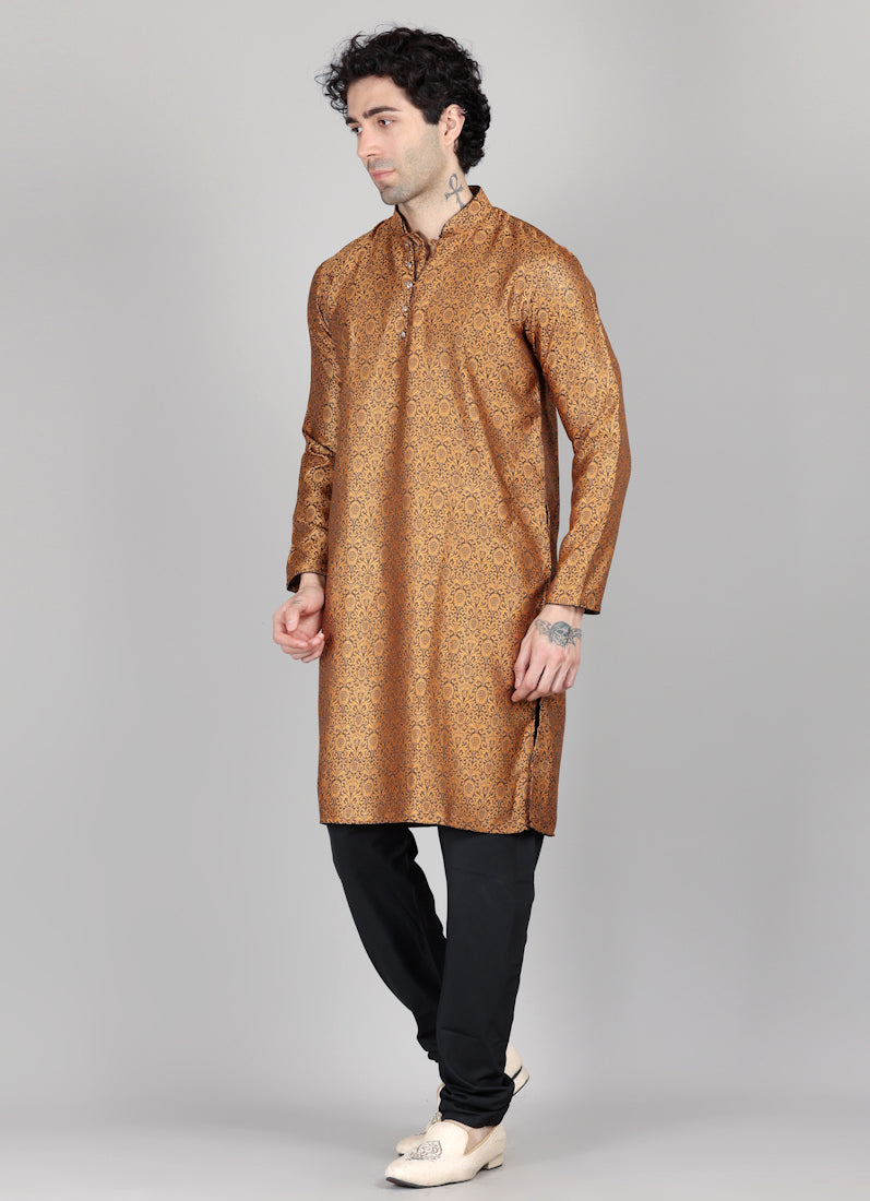 Men's Gold and Black Brocade Kurta Payjama Set