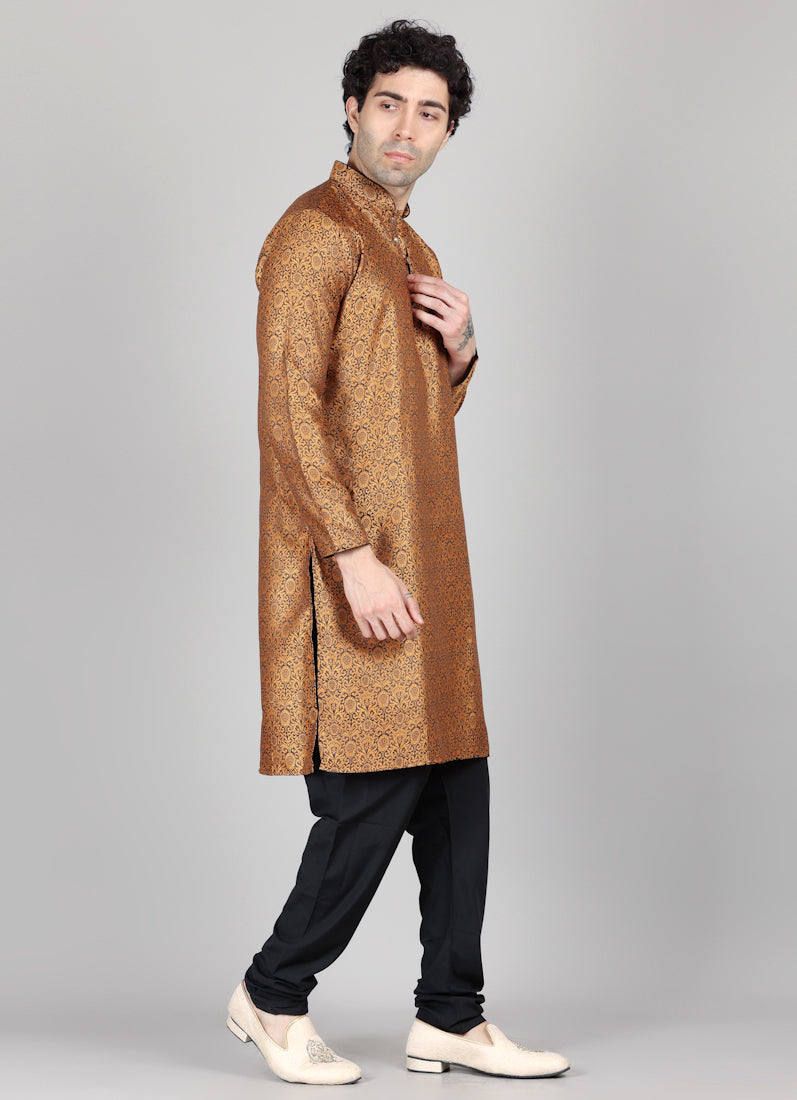 Men's Gold and Black Brocade Kurta Payjama Set