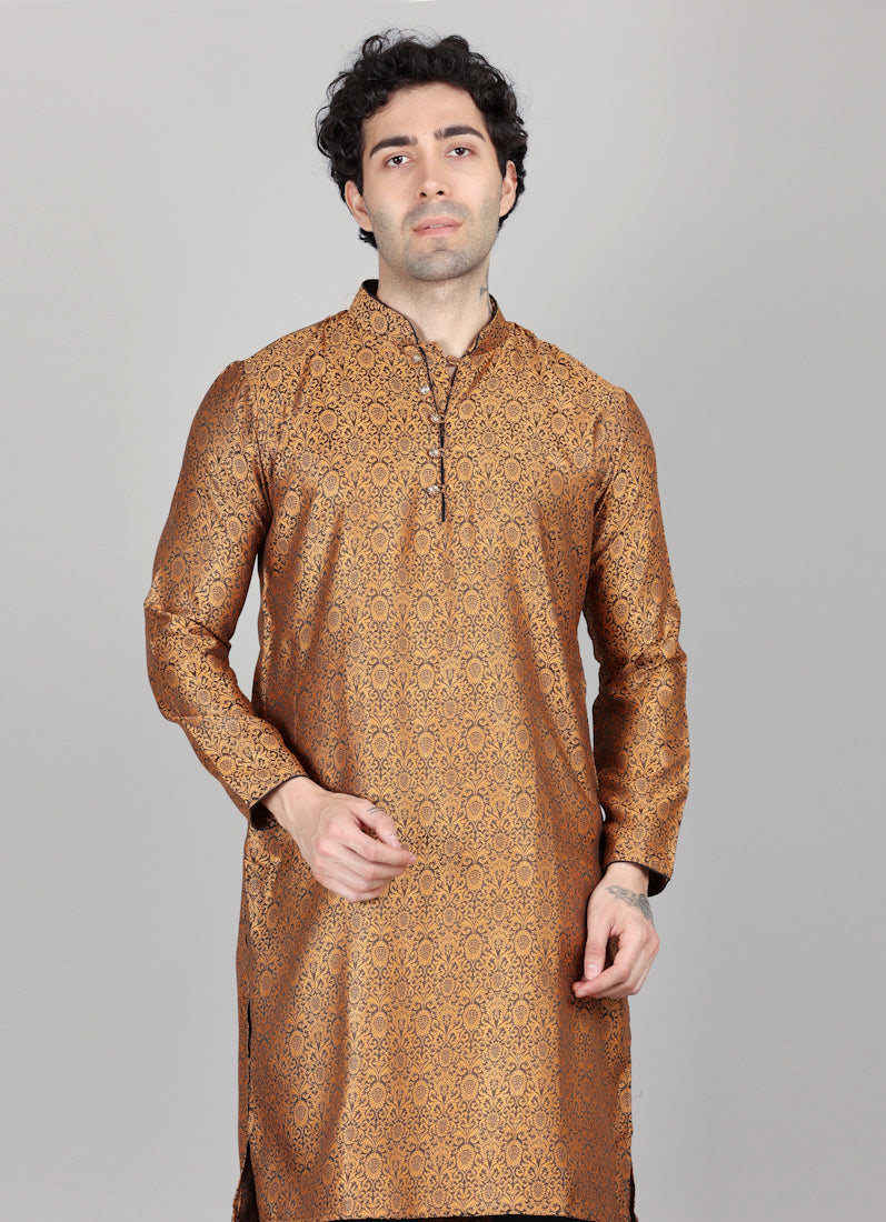 Men's Gold and Black Brocade Kurta Payjama Set