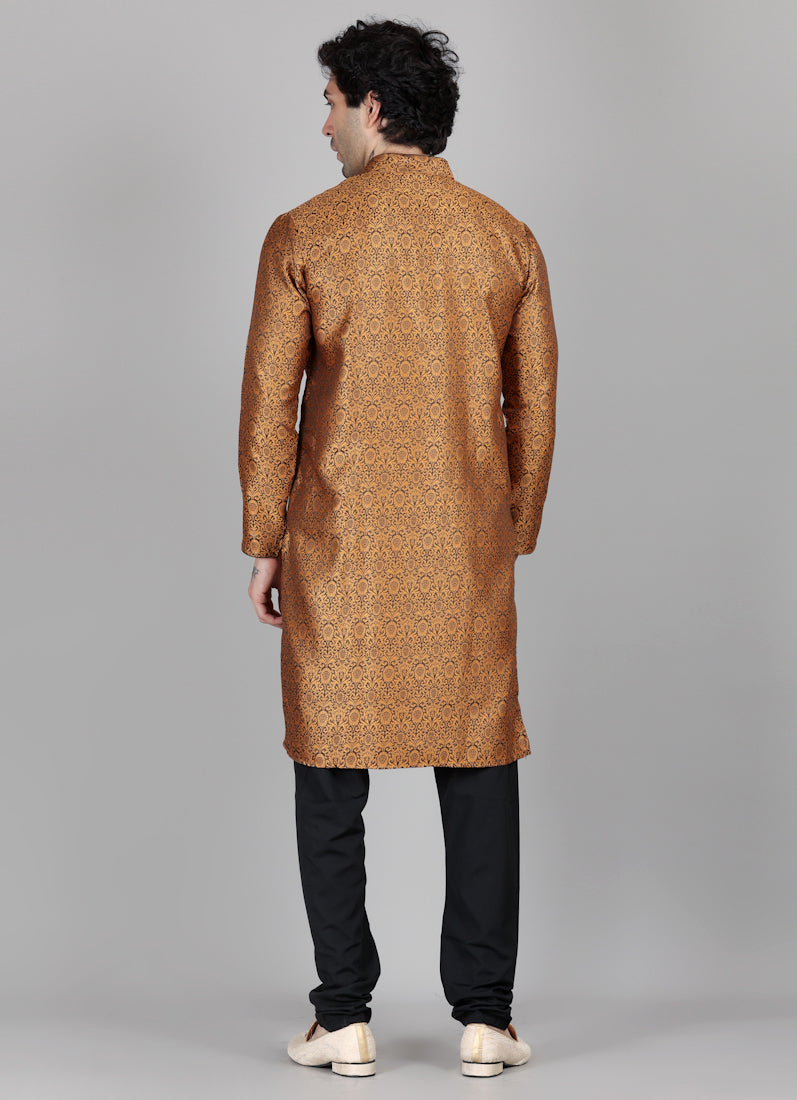 Men's Gold and Black Brocade Kurta Payjama Set