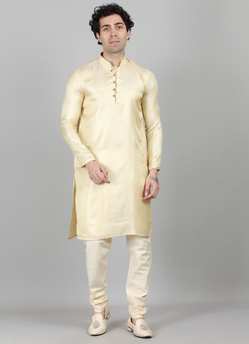 Men's Light Gold Resham Brocade Kurta Payjama Set