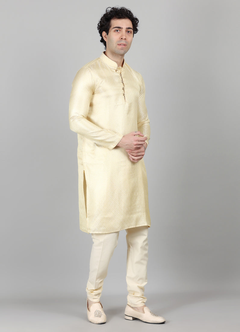 Men's Light Gold Resham Brocade Kurta Payjama Set