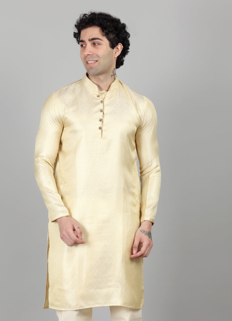Men's Light Gold Resham Brocade Kurta Payjama Set