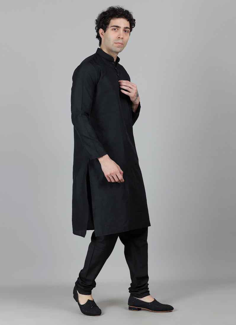 Men's Black Jacquard Kurta Payjama Set