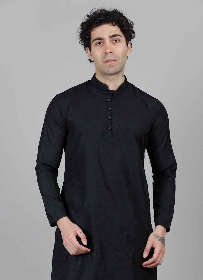 Men's Black Jacquard Kurta Payjama Set