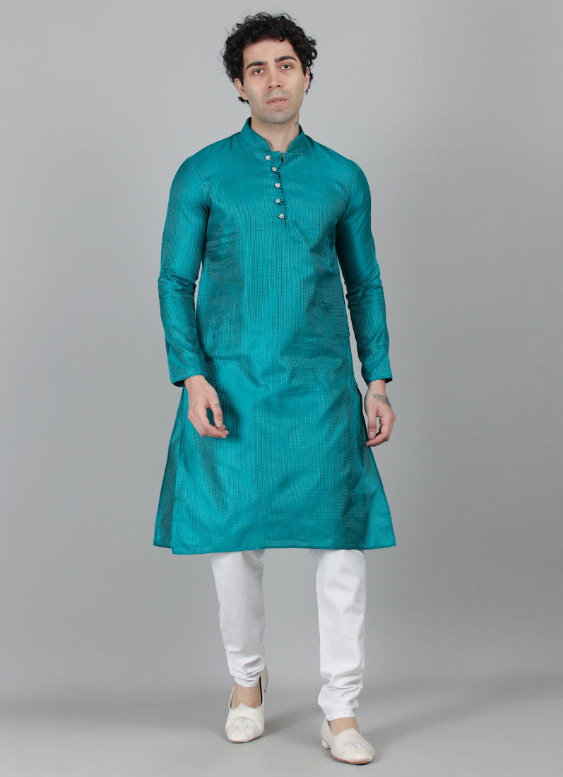 Men's Teal Blue Embroidered Kurta Payjama Set