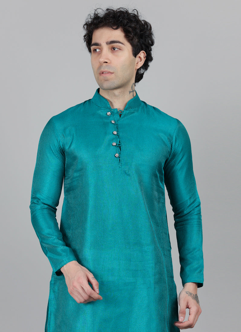 Men's Teal Blue Embroidered Kurta Payjama Set
