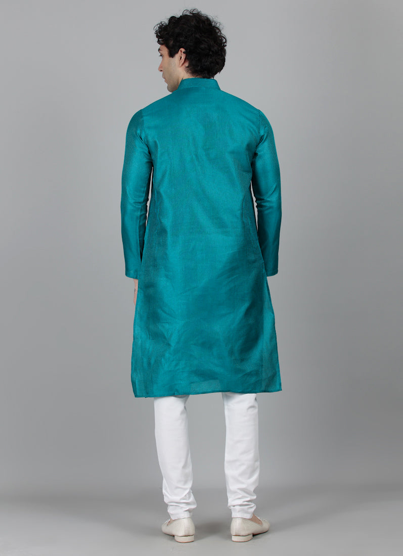 Men's Teal Blue Embroidered Kurta Payjama Set