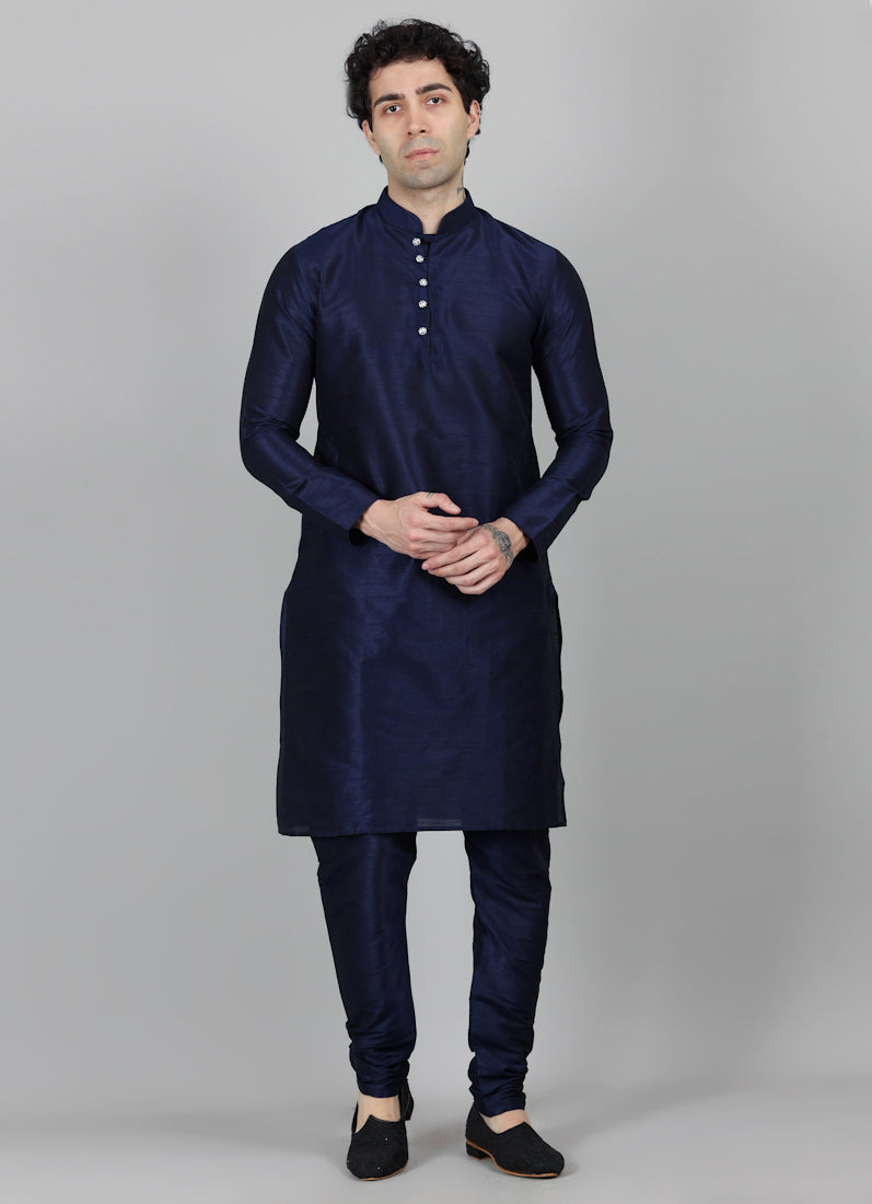 Men's Blue Slub Kurta Payjama Set