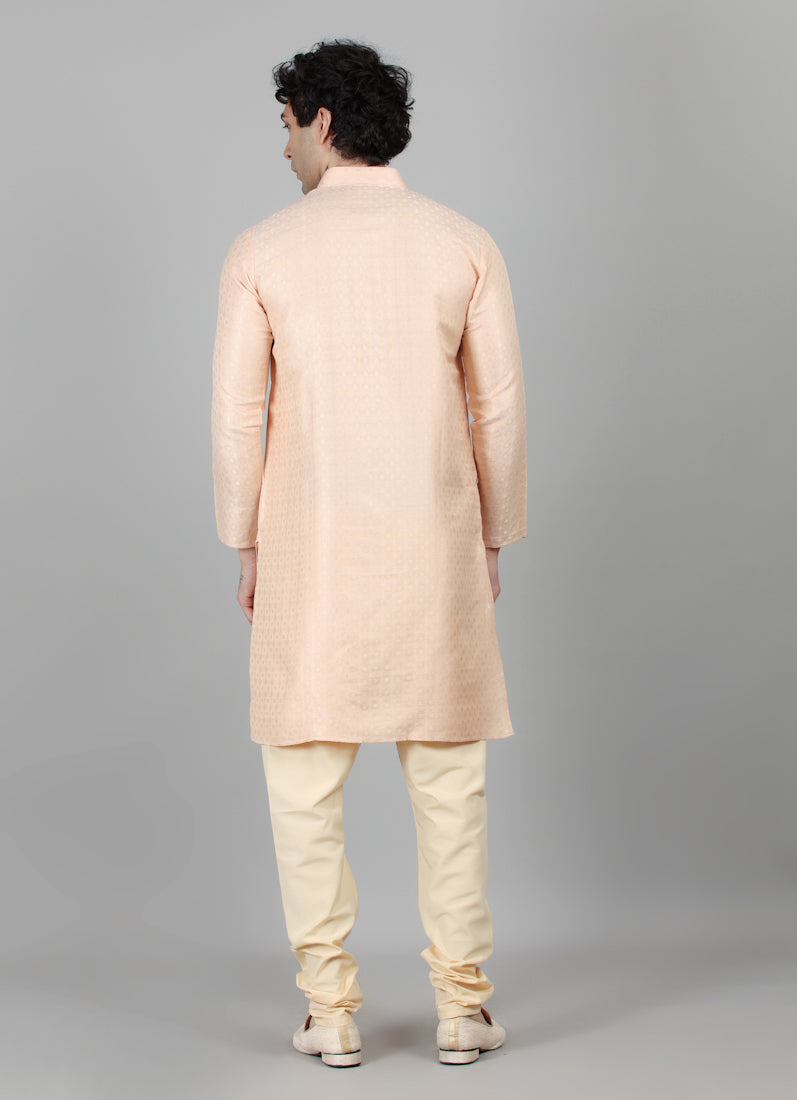 Men's Peach Brocade Kurta Payjama Set