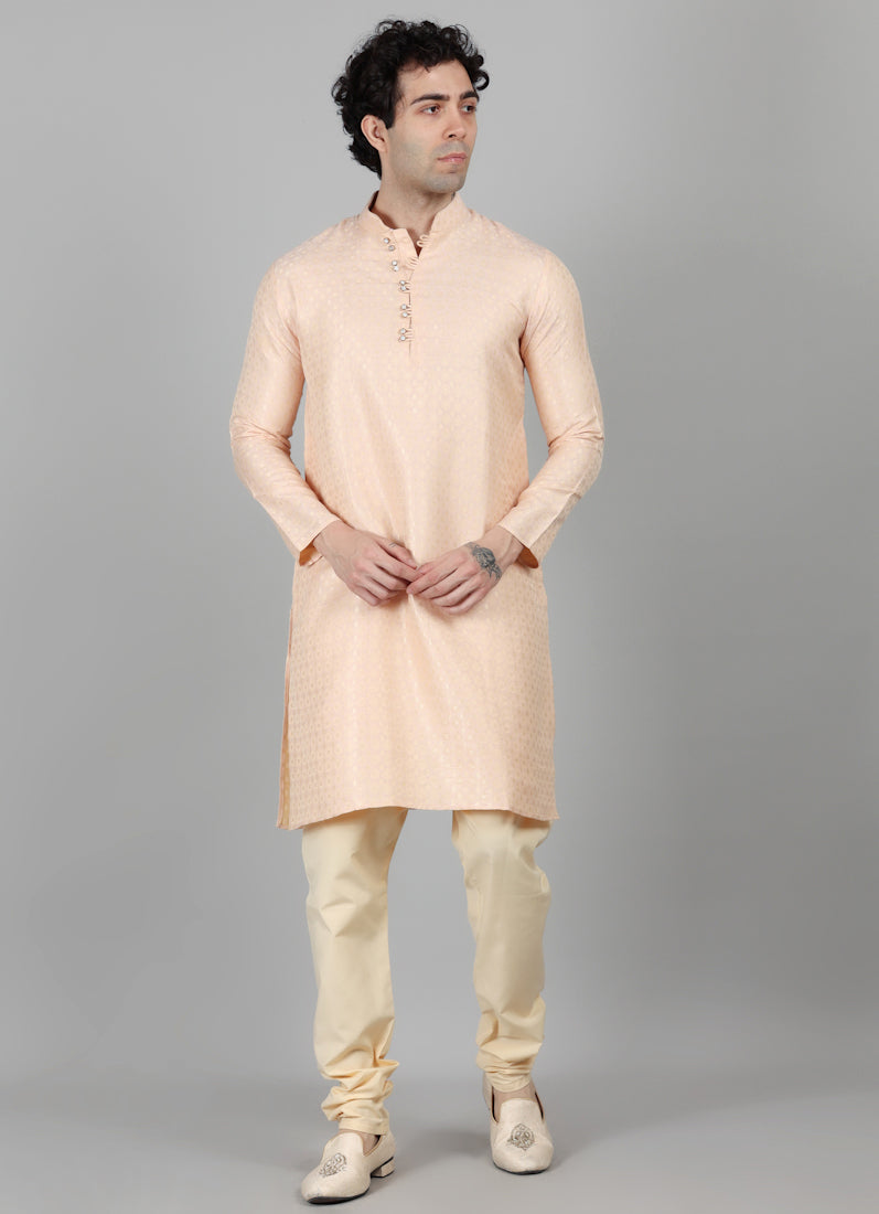 Men's Peach Brocade Kurta Payjama Set