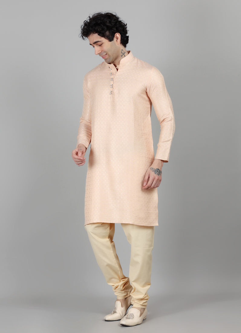 Men's Peach Brocade Kurta Payjama Set