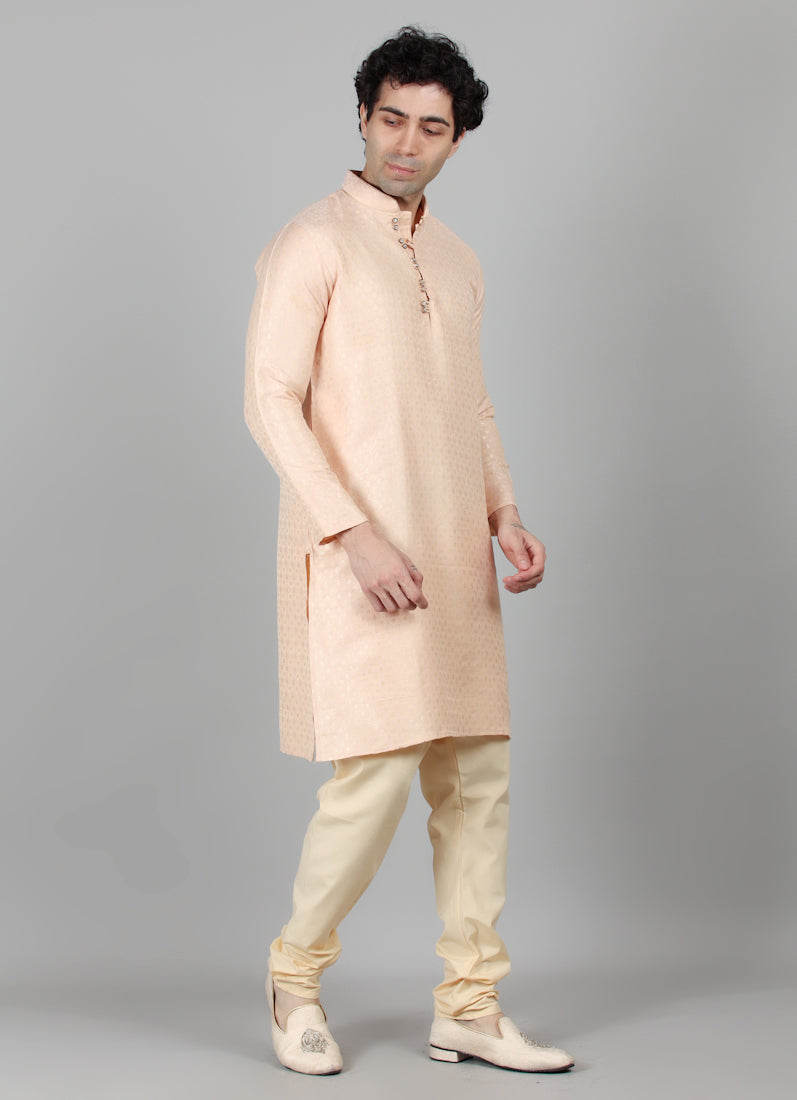 Men's Peach Brocade Kurta Payjama Set