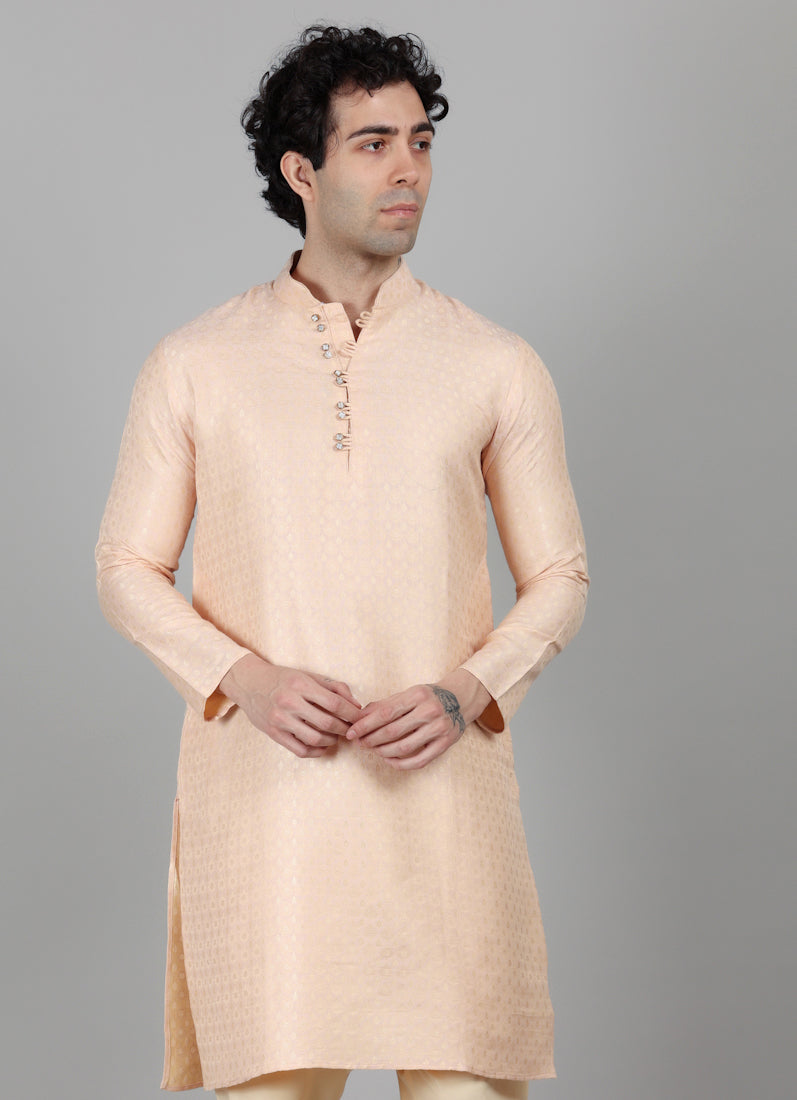 Men's Peach Brocade Kurta Payjama Set