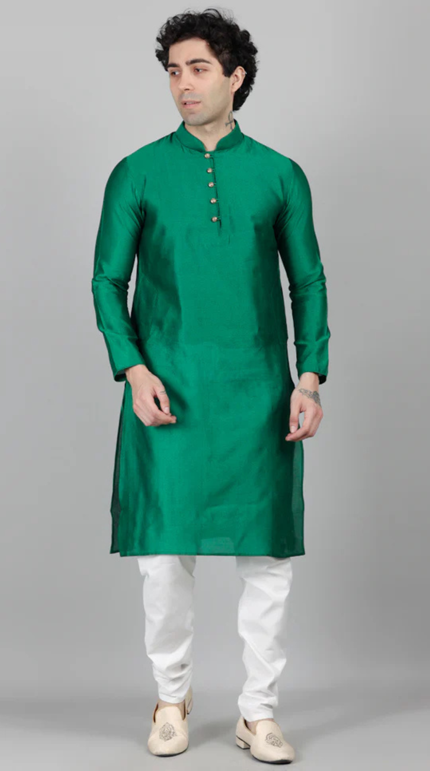 Men's Green Jacquard Kurta Payjama Set