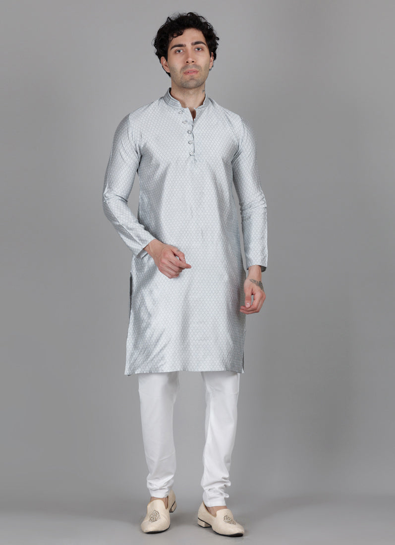Men's Grey Self Brocade Kurta Payjama Set