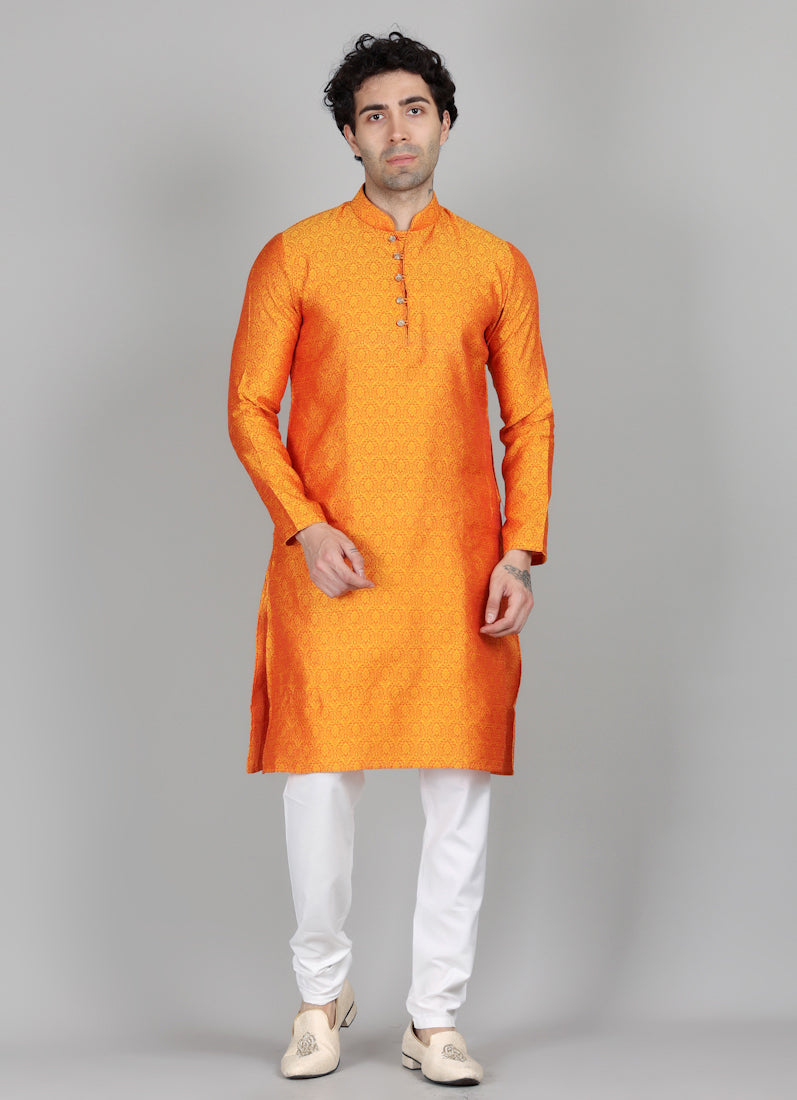 Men's Burnt Orange Jacquard Kurta Payjama Set