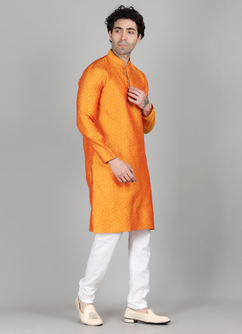 Men's Burnt Orange Jacquard Kurta Payjama Set