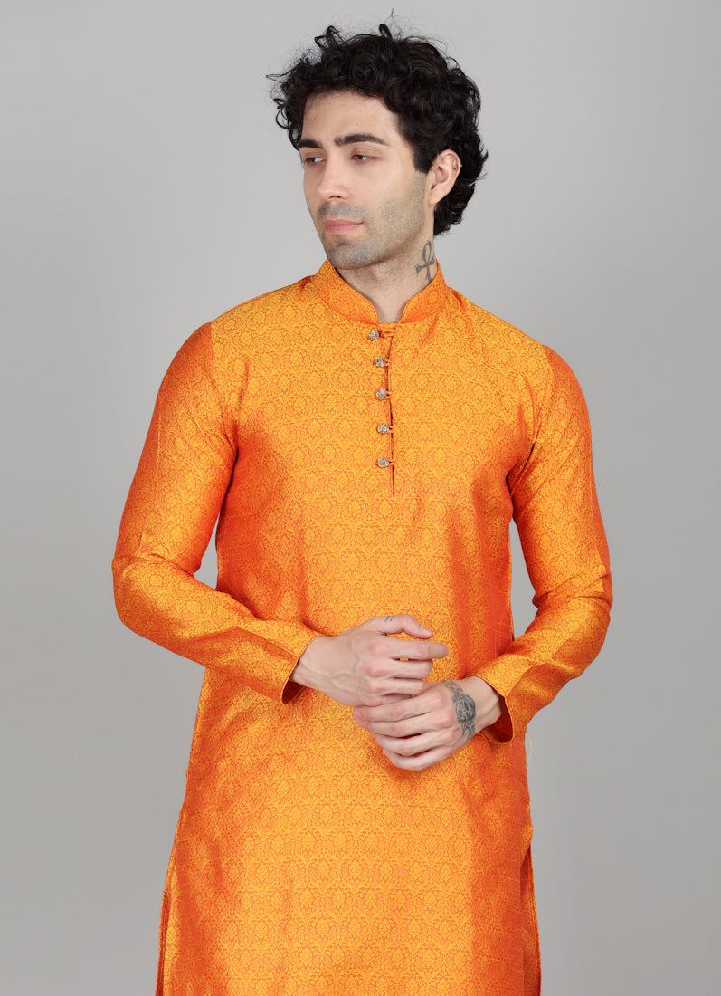 Men's Burnt Orange Jacquard Kurta Payjama Set