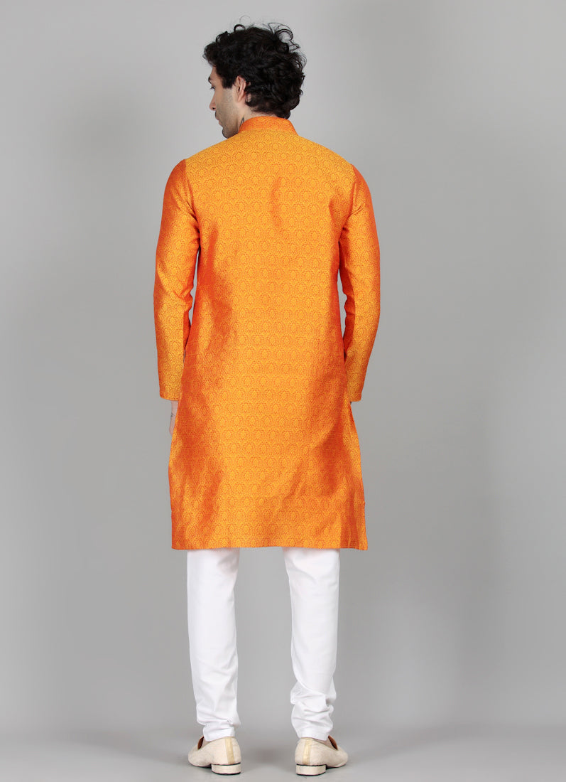 Men's Burnt Orange Jacquard Kurta Payjama Set