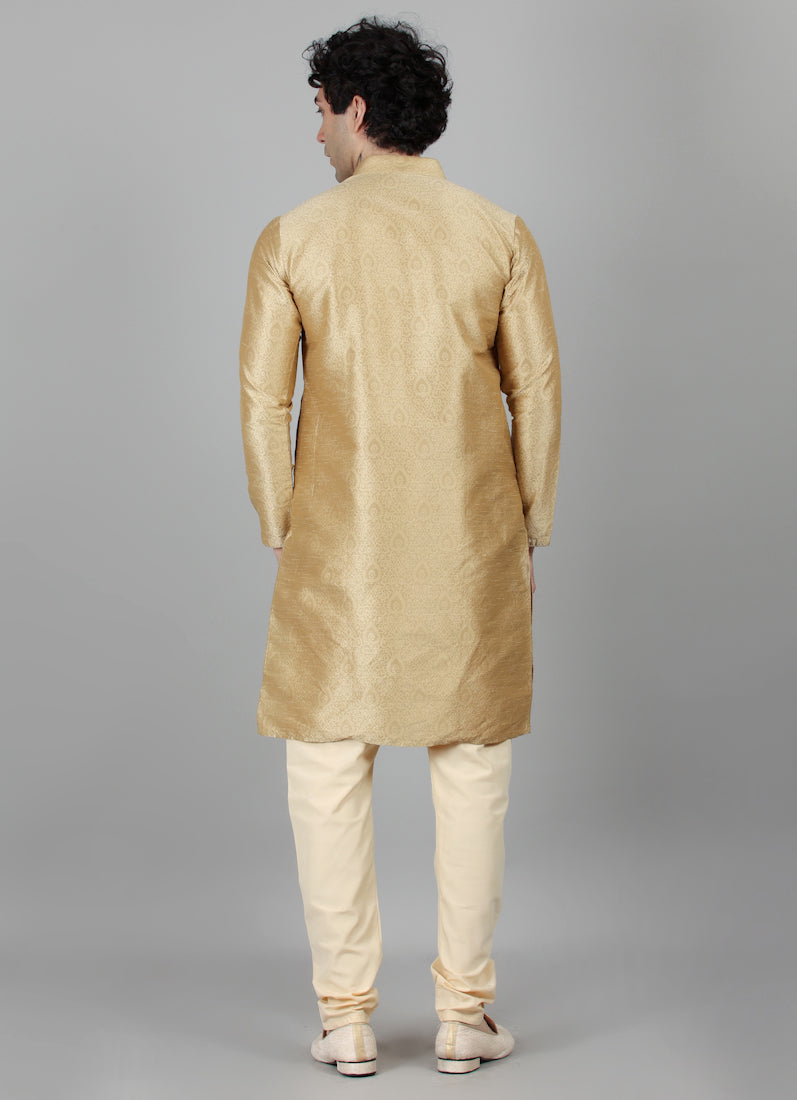 Men's Gold Self Jacquard Kurta Payjama Set