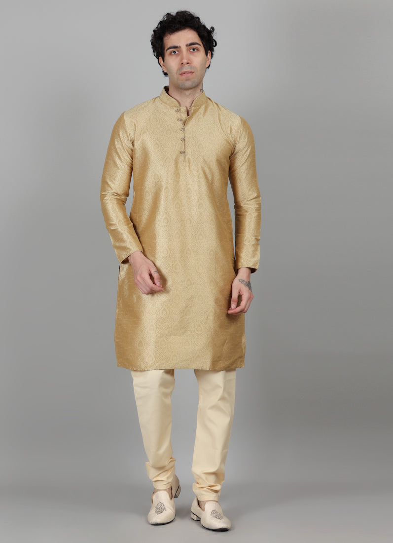 Men's Gold Self Jacquard Kurta Payjama Set