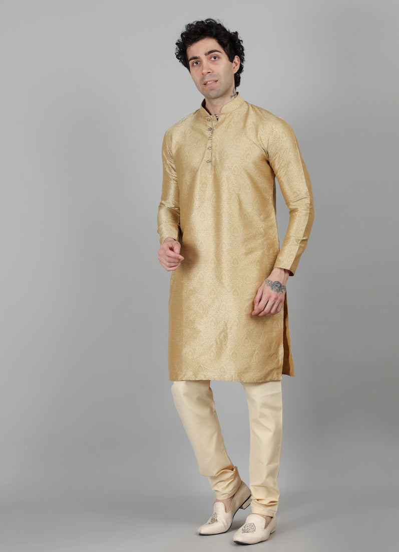 Men's Gold Self Jacquard Kurta Payjama Set