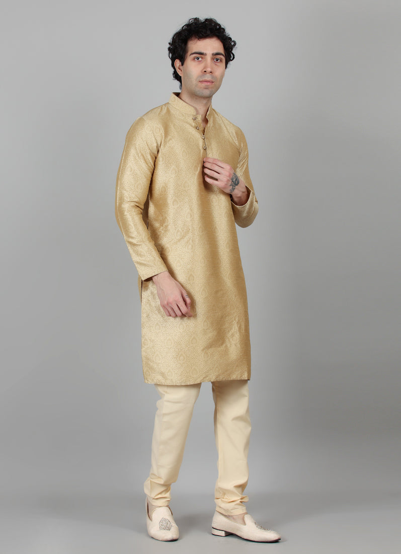 Men's Gold Self Jacquard Kurta Payjama Set