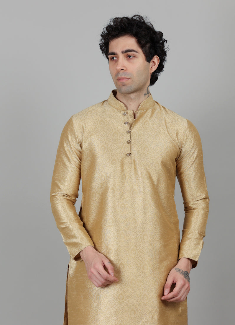 Men's Gold Self Jacquard Kurta Payjama Set