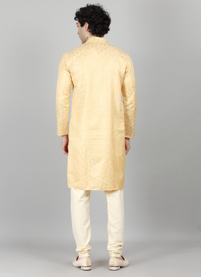 Mens Cream With Gold Brocade Kjurta Payjama Set