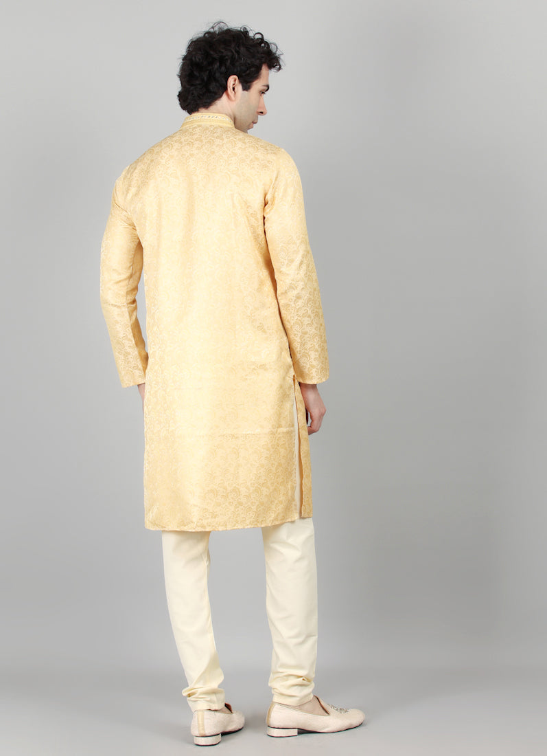 Mens Cream With Gold Brocade Kjurta Payjama Set