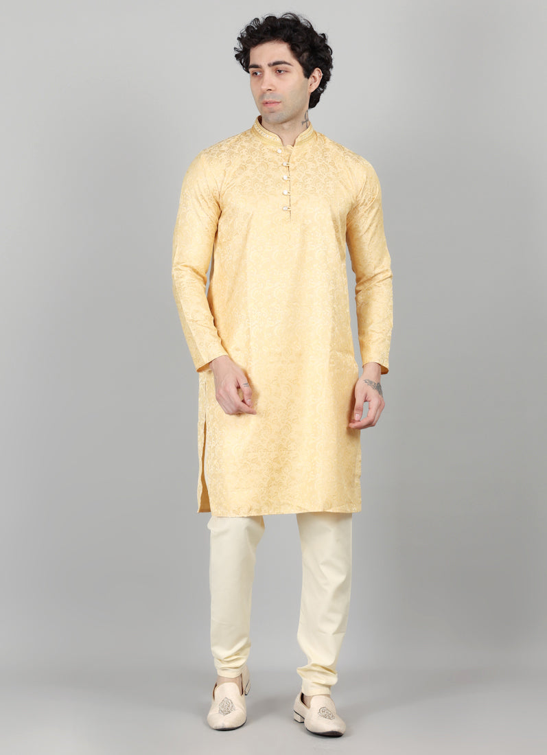 Mens Cream With Gold Brocade Kjurta Payjama Set