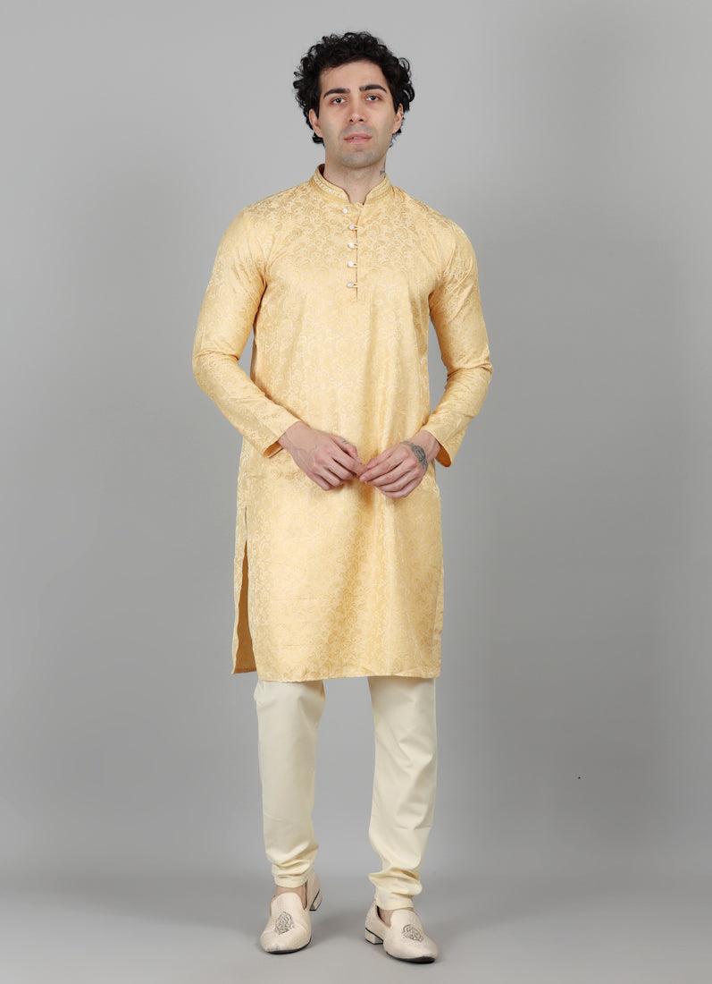Mens Cream With Gold Brocade Kjurta Payjama Set
