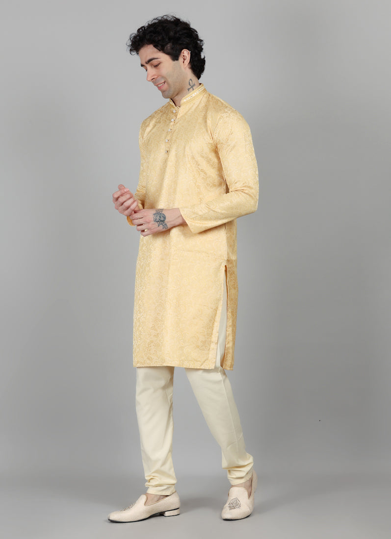 Mens Cream With Gold Brocade Kjurta Payjama Set