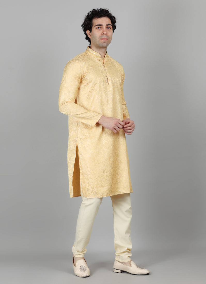 Mens Cream With Gold Brocade Kjurta Payjama Set