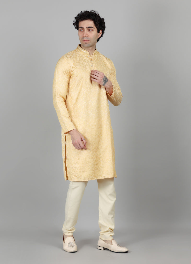 Mens Cream With Gold Brocade Kjurta Payjama Set
