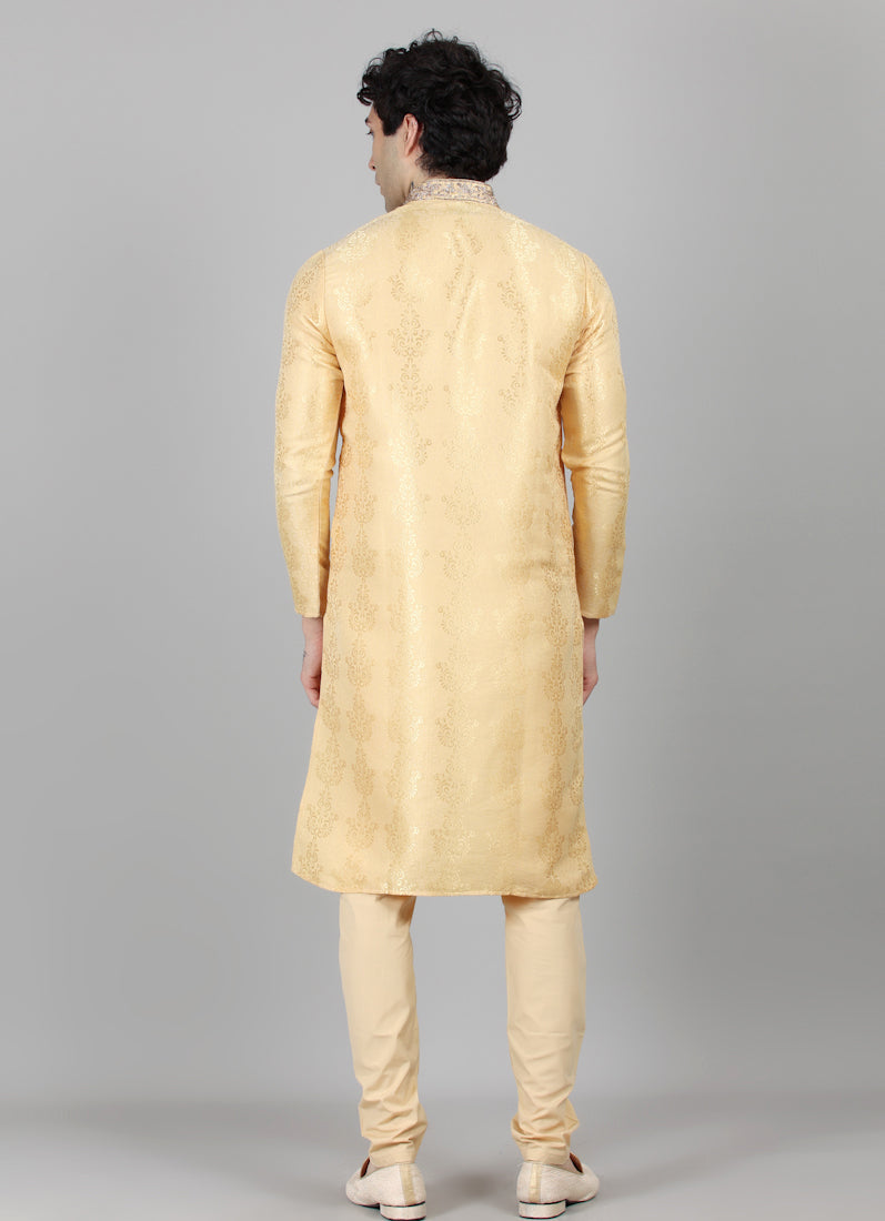 Men's Gold Self Brocade Embroidered Collar Set