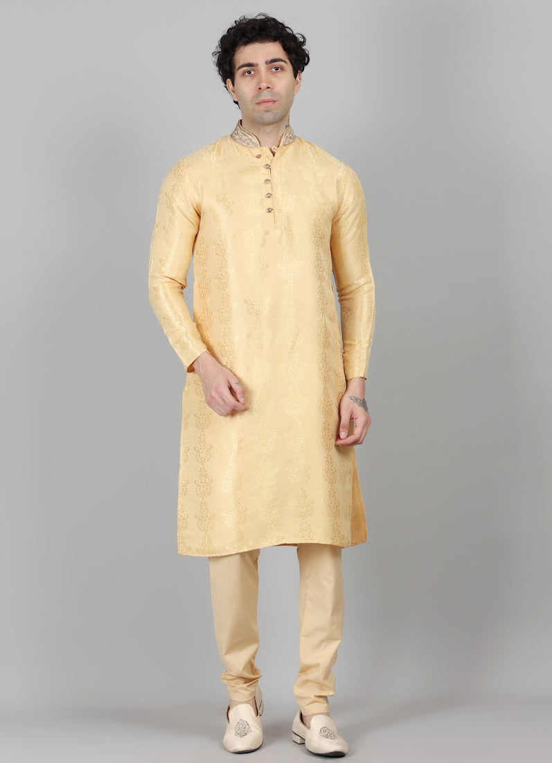 Men's Gold Self Brocade Embroidered Collar Set