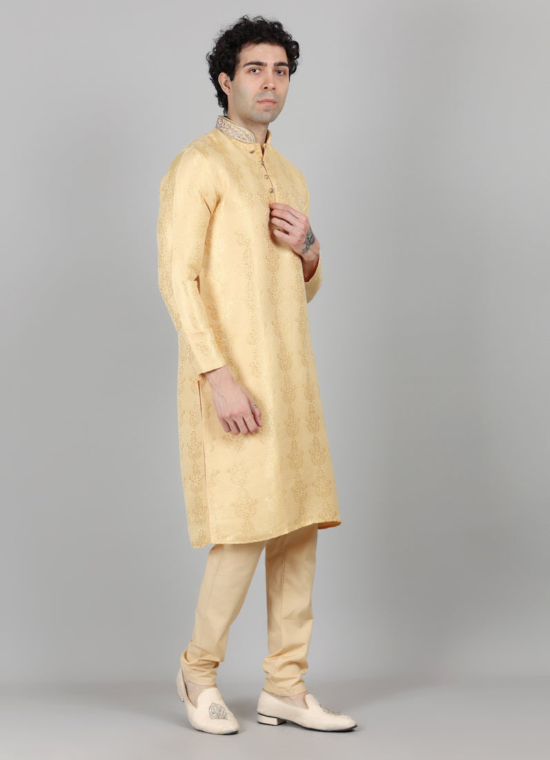 Men's Gold Self Brocade Embroidered Collar Set